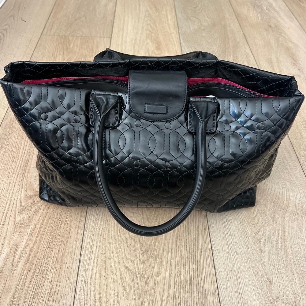 Donald J Pliner Black Quilted Patent Leather Tote Bag Pink Lining Logo Embossed